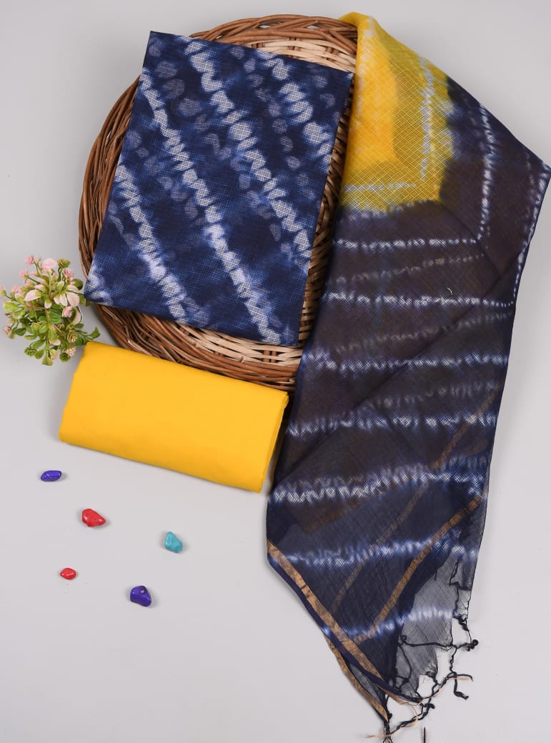 Attractive black Kota Doriya suit set with contrast yellow dupatta. Comes with cotton bottom. Stylish and festive ready.