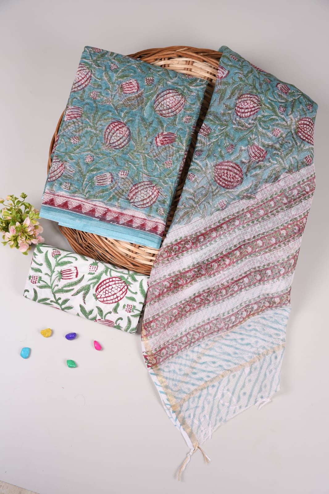 Classy teal blue Kota Doriya dress material with white dupatta. Soft cotton bottom makes it great for office wear.