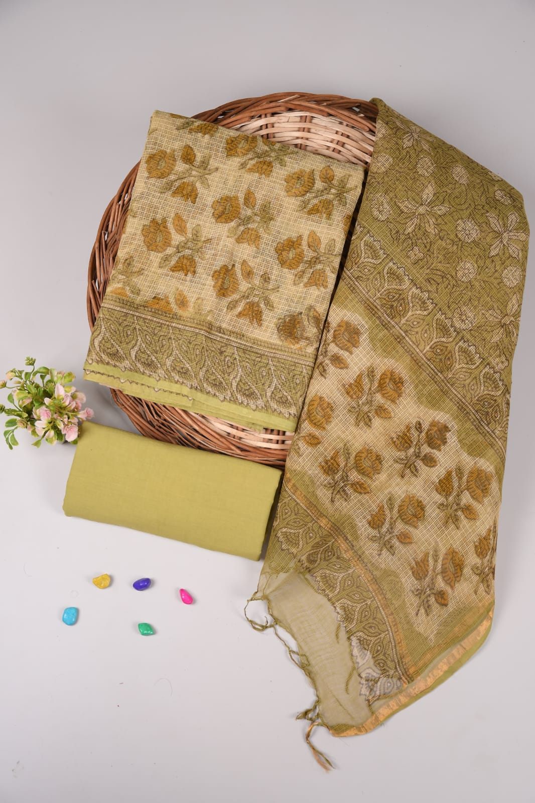 Bright mustard Kota Doriya suit set with contrast brown dupatta. Includes cotton bottom. Perfect ethnic look for functions.