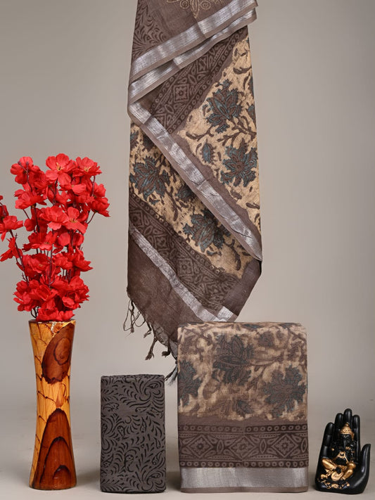 Hand Block Printed Lilen Suit With Linen Dupatta Suit Sets