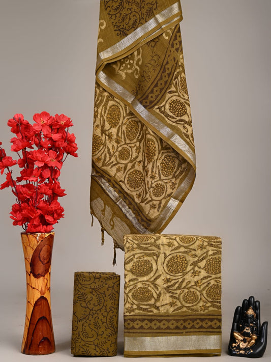 Hand Block Printed Lilen Suit With Linen Dupatta Suit Sets