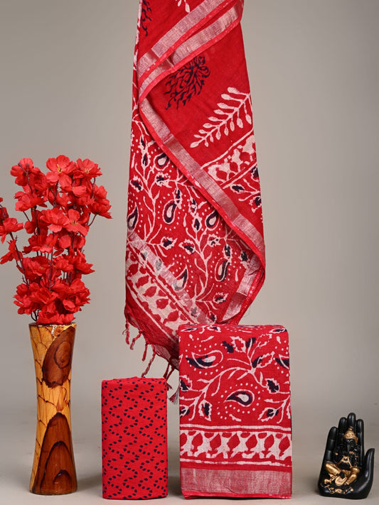 Hand Block Printed Lilen Suit With Linen Dupatta Suit Sets