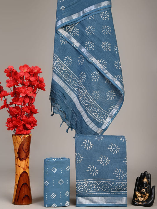 Hand Block Printed Lilen Suit With Linen Dupatta Suit Sets