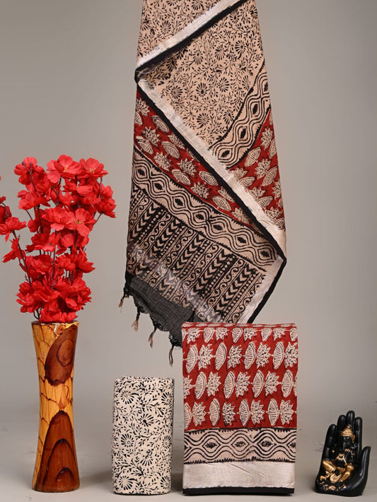 Hand Block Printed Lilen Suit With Linen Dupatta Suit Sets
