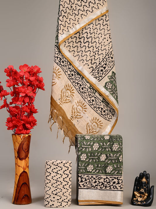 Hand Block Printed Lilen Suit With Linen Dupatta Suit Sets