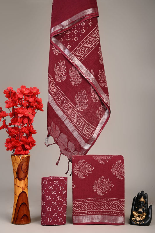 Hand Block Printed Lilen Suit With Linen Dupatta Suit Sets