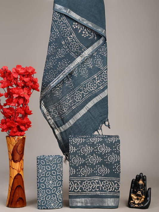 Hand Block Printed Lilen Suit With Linen Dupatta Suit Sets