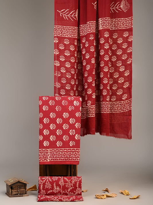 Premium Hand Block Printed Cotton Suit With Cotton Dupatta