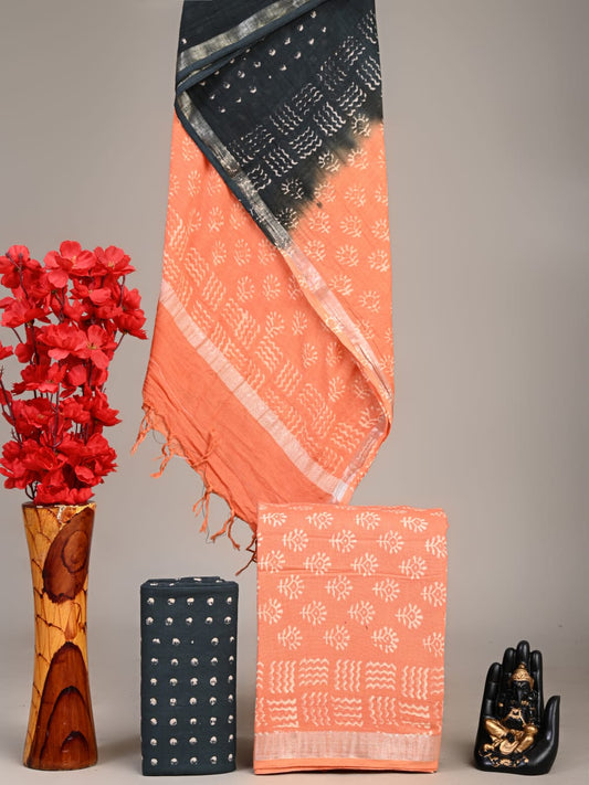 Hand Block Printed Lilen Suit With Linen Dupatta Suit Sets