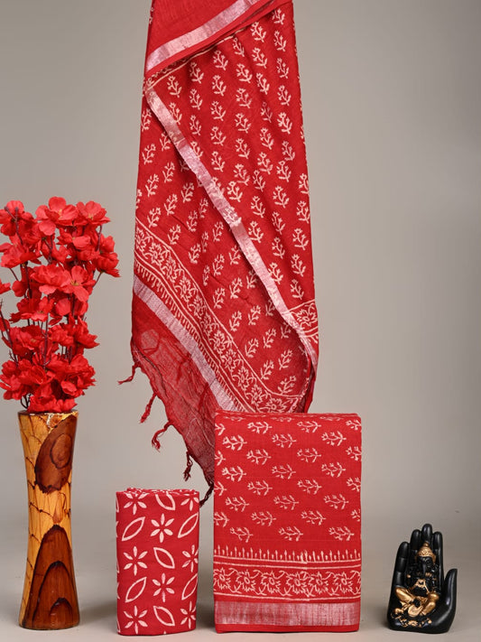 Hand Block Printed Lilen Suit With Linen Dupatta Suit Sets