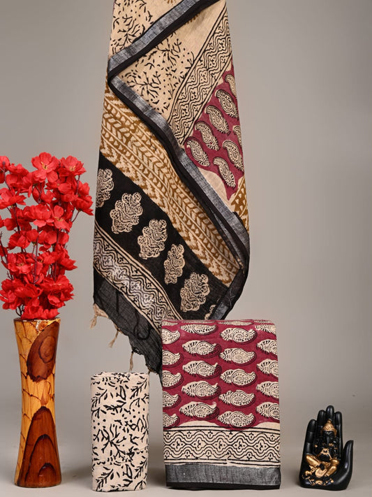 Hand Block Printed Lilen Suit With Linen Dupatta Suit Sets