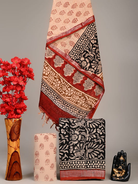 Hand Block Printed Lilen Suit With Linen Dupatta Suit Sets