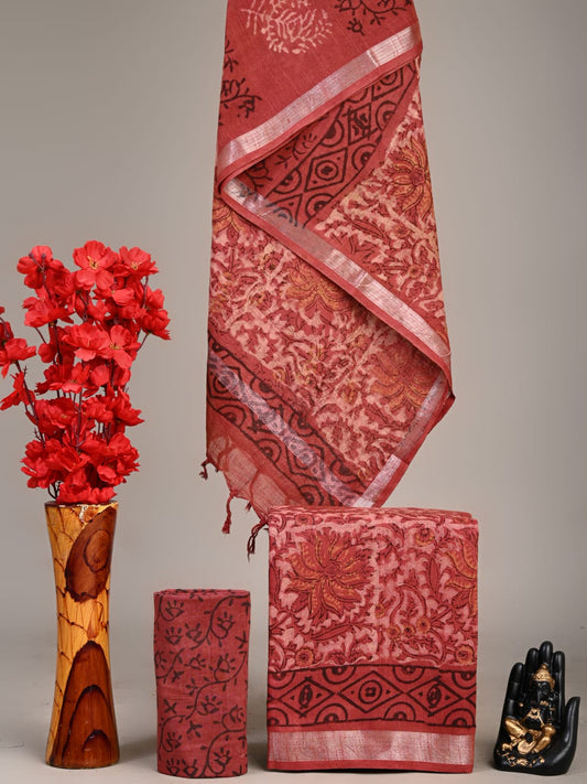Hand Block Printed Cotton Suit With Linen Dupatta Suit Sets