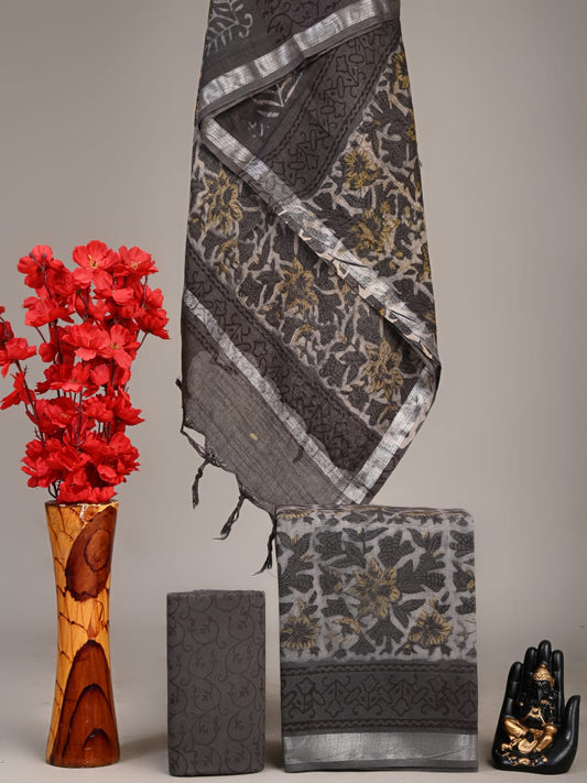 Hand Block Printed Lilen Suit With Linen Dupatta Suit Sets