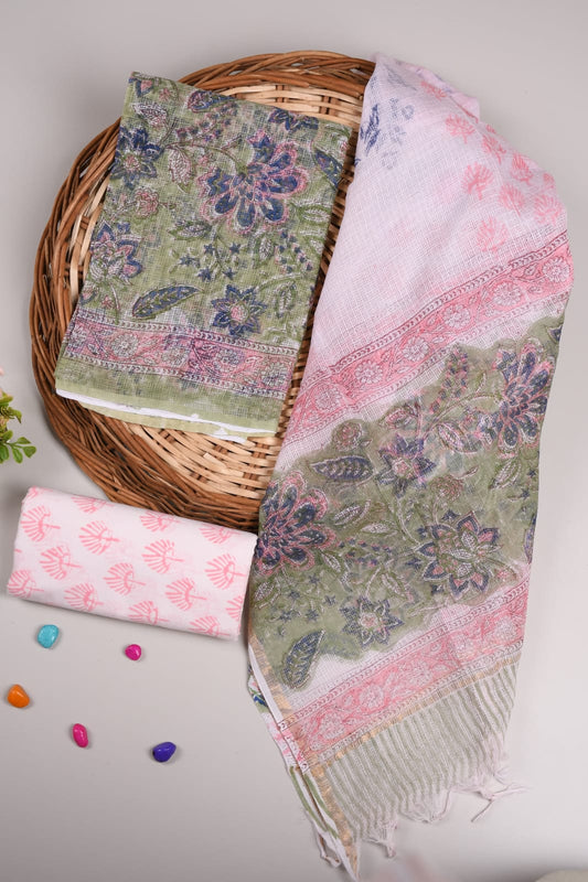 Trendy peach Kota Doriya fabric set with olive printed dupatta. Breathable cotton bottom for all-day comfort