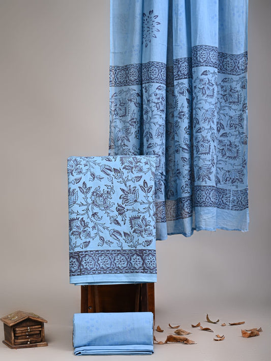Premium Blue Hand Block Printed Cotton Suit With Cotton Dupatta (BBMU05)
