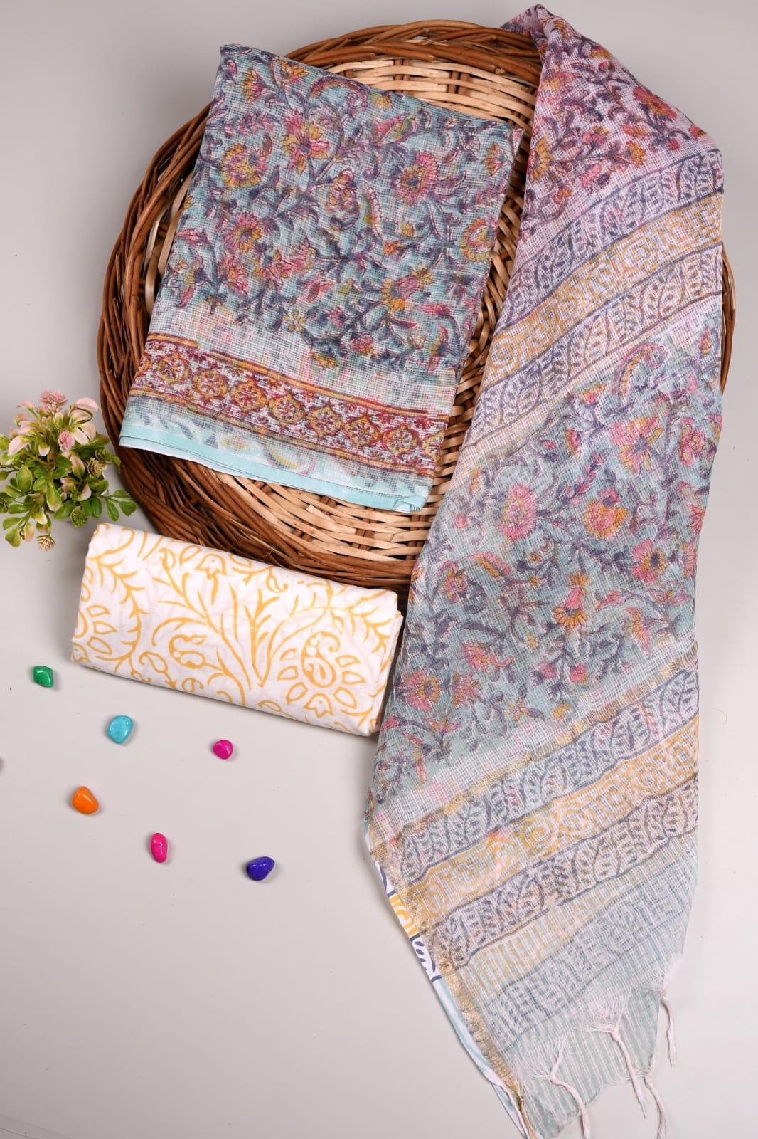 Stylish purple Kota Doriya suit with beige dupatta. Comes with cotton bottom. Suitable for daily & festive wear.