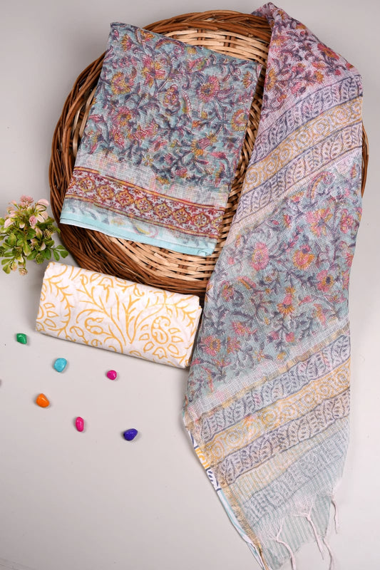 Stylish purple Kota Doriya suit with beige dupatta. Comes with cotton bottom. Suitable for daily & festive wear.