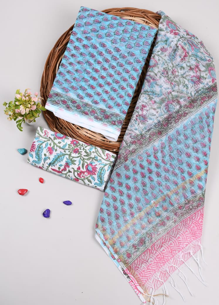 Trendy blue Kota Doriya dress material paired with pink dupatta. Soft cotton bottom makes it comfortable and stylish.