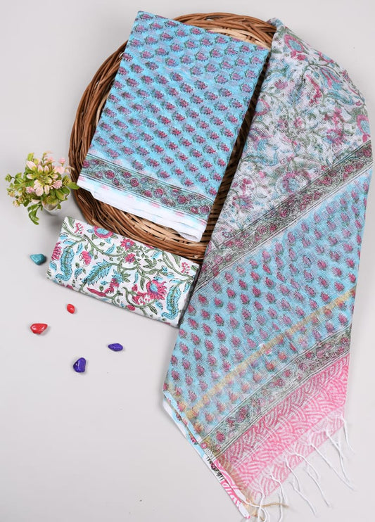 Trendy blue Kota Doriya dress material paired with pink dupatta. Soft cotton bottom makes it comfortable and stylish.